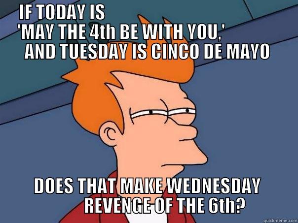 IF TODAY IS                                                  'MAY THE 4TH BE WITH YOU,'                AND TUESDAY IS CINCO DE MAYO DOES THAT MAKE WEDNESDAY           REVENGE OF THE 6TH? Futurama Fry