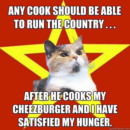 Any cook should be able to run the country . . . After he cooks my cheezburger and I have satisfied my hunger.  Lenin Cat