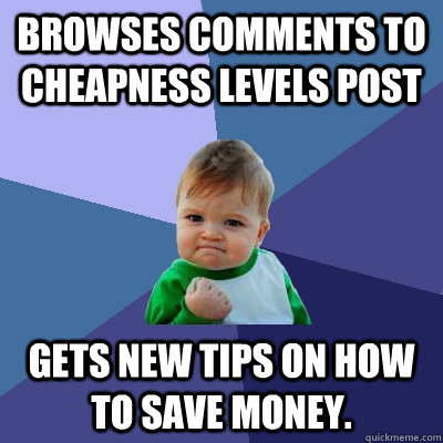 browses comments to cheapness levels post gets new tips on how to save money.  Success Kid