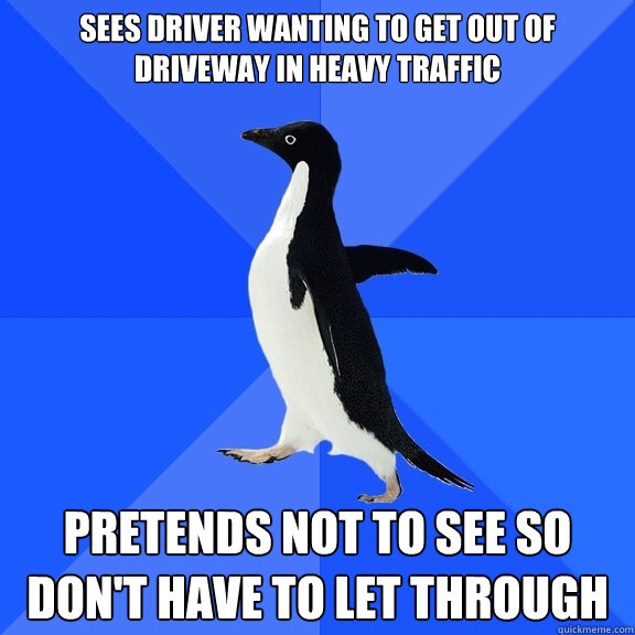 SEES DRIVER WANTING TO GET OUT OF DRIVEWAY IN HEAVY TRAFFIC PRETENDS NOT TO SEE SO DON'T HAVE TO LET THROUGH  Socially Awkward Penguin