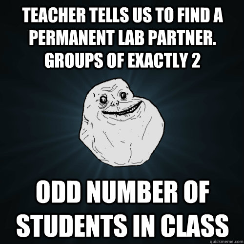 Teacher tells us to find a permanent lab partner. groups of exactly 2 odd number of students in class  Forever Alone