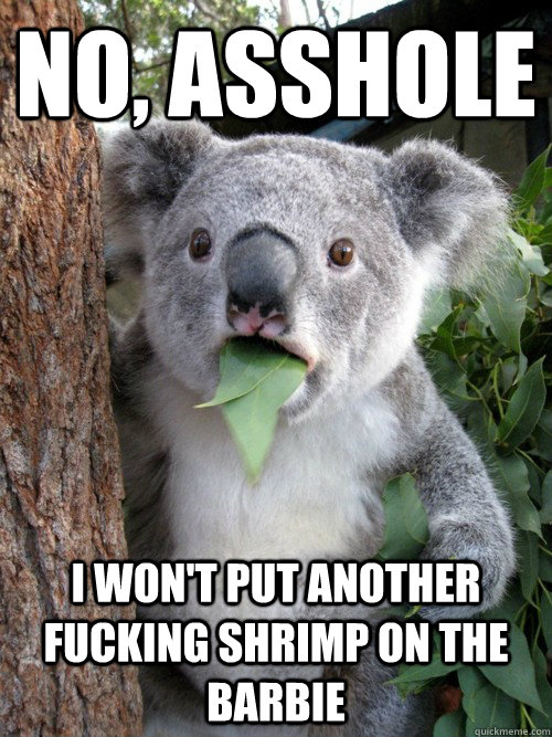 no, asshole I won't put another fucking shrimp on the barbie  koala bear