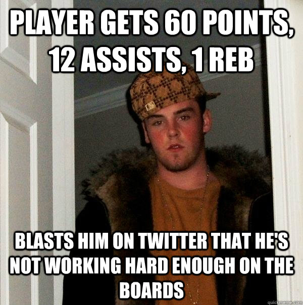 player gets 60 points, 12 assists, 1 reb blasts him on twitter that he's not working hard enough on the boards  Scumbag Steve
