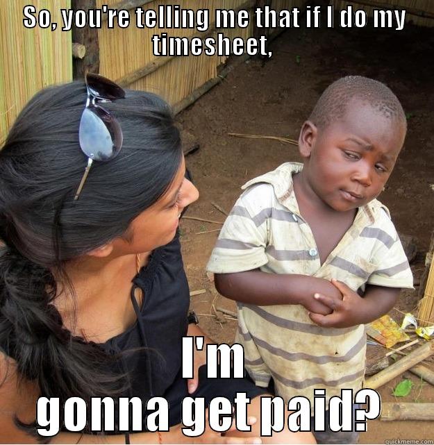SO, YOU'RE TELLING ME THAT IF I DO MY TIMESHEET,  I'M GONNA GET PAID?  Skeptical Third World Kid