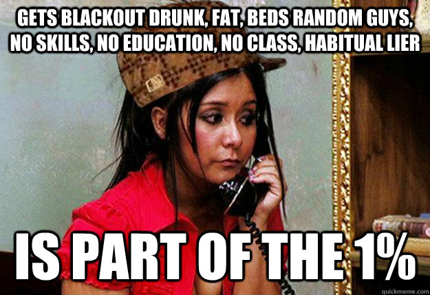 Gets Blackout drunk, fat, beds random guys, no skills, no education, no class, habitual lier Is part of the 1%  