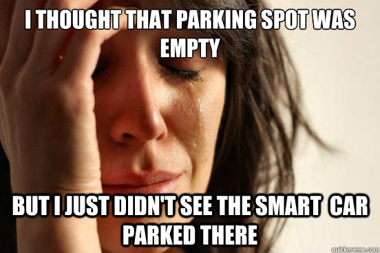 I thought that parking spot was empty but i just didn't see the smart  car parked there  First World Problems
