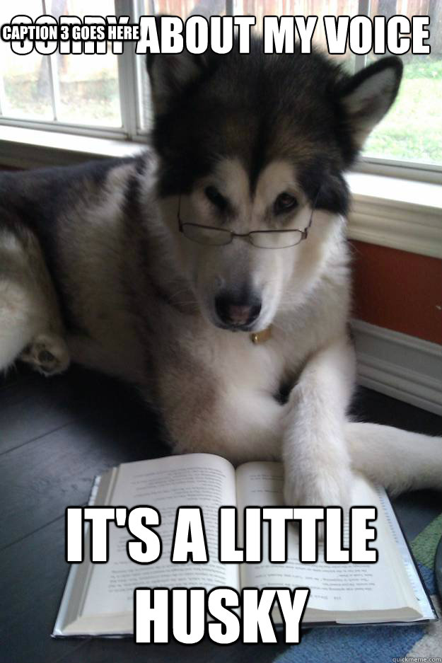 Sorry about my voice
   It's a little husky Caption 3 goes here  Condescending Literary Pun Dog