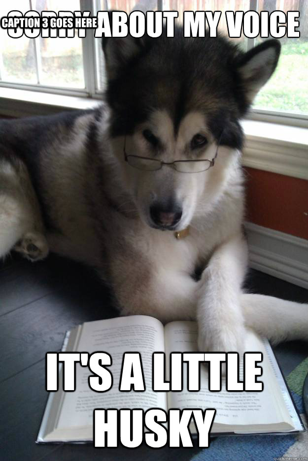 Sorry about my voice
   It's a little husky Caption 3 goes here - Sorry about my voice
   It's a little husky Caption 3 goes here  Condescending Literary Pun Dog