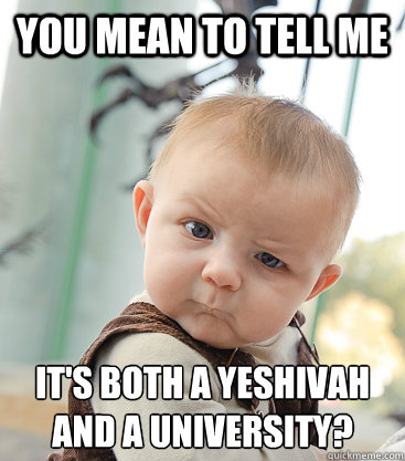 you mean to tell me it's both a yeshivah and a university? - you mean to tell me it's both a yeshivah and a university?  skeptical baby
