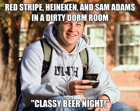 Red stripe, heineken, and sam adams in a dirty dorm room 