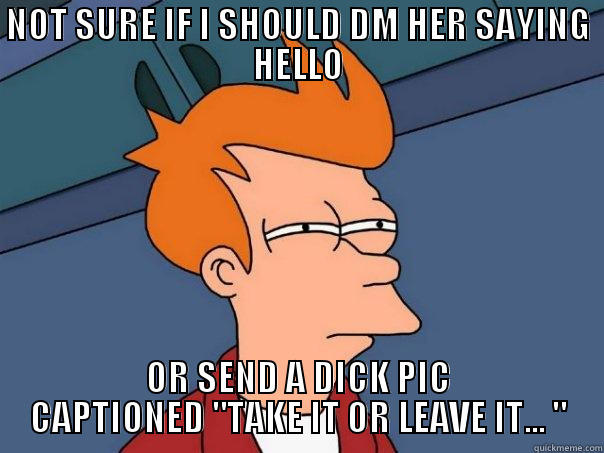 NOT SURE IF I SHOULD DM HER SAYING HELLO OR SEND A DICK PIC CAPTIONED 