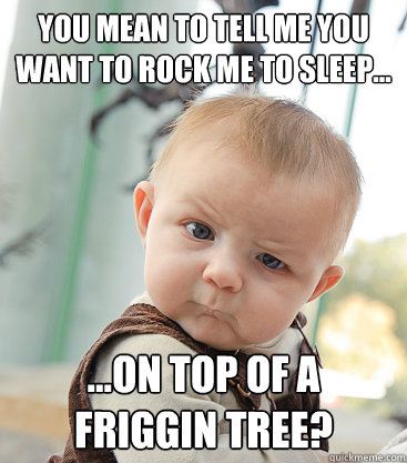 you mean to tell me you want to rock me to sleep... ...on top of a friggin tree? - you mean to tell me you want to rock me to sleep... ...on top of a friggin tree?  skeptical baby
