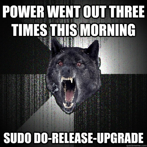 power went out three times this morning sudo do-release-upgrade  Insanity Wolf