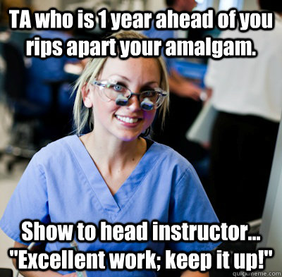 TA who is 1 year ahead of you rips apart your amalgam. Show to head instructor... 
