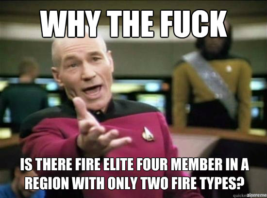 Why the fuck Is there Fire Elite four member in a region with only two fire types? - Why the fuck Is there Fire Elite four member in a region with only two fire types?  Misc