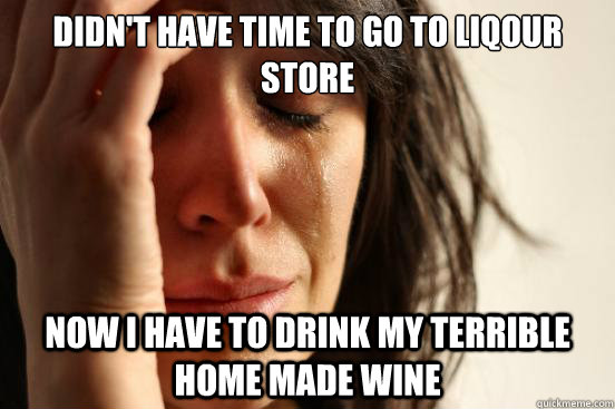 Didn't have time to go to liqour store Now I have to drink my terrible home made wine  First World Problems