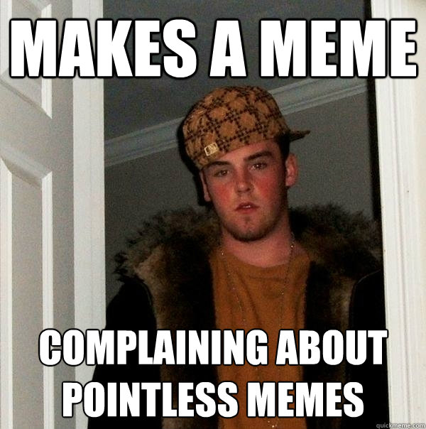 Makes a meme complaining about pointless memes  Scumbag Steve