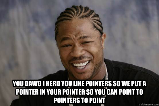  you dawg I herd you like pointers so we put a pointer in your pointer so you can point to pointers to point  YO DAWG