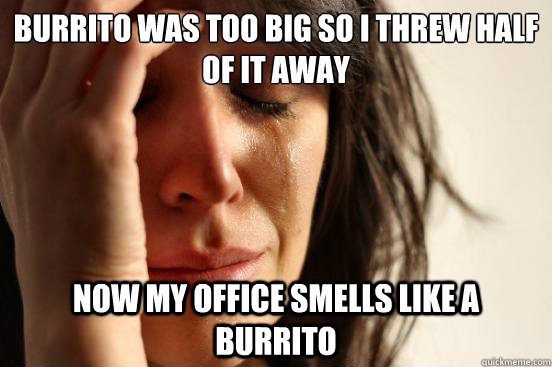 Burrito was too big so I threw half of it away now my office smells like a burrito  First World Problems