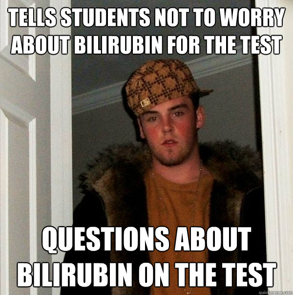 Tells students not to worry about Bilirubin for the test Questions about Bilirubin on the test  Scumbag Steve