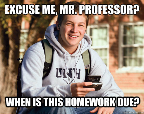 excuse me, mr. professor?
 When is this homework due?  College Freshman