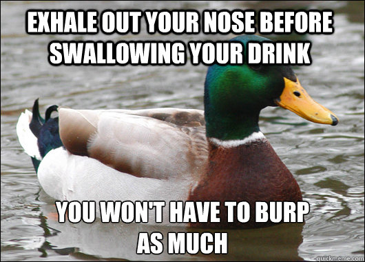exhale out your nose before swallowing your drink you won't have to burp
as much  Actual Advice Mallard