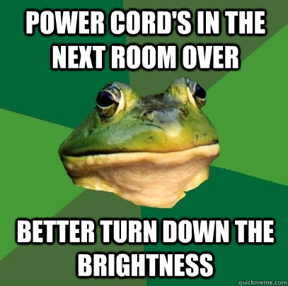 Power cord's in the next room over better turn down the brightness  Foul Bachelor Frog