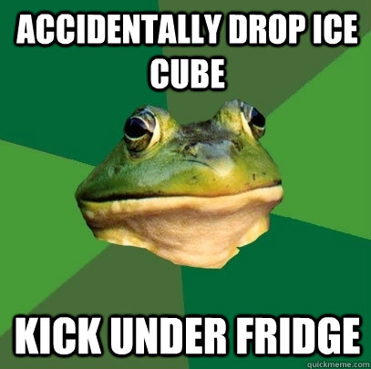 accidentally drop ice cube kick under fridge - accidentally drop ice cube kick under fridge  Foul Bachelor Frog