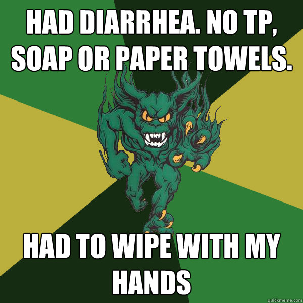 Had diarrhea. no TP, soap or paper towels. had to wipe with my hands  Green Terror