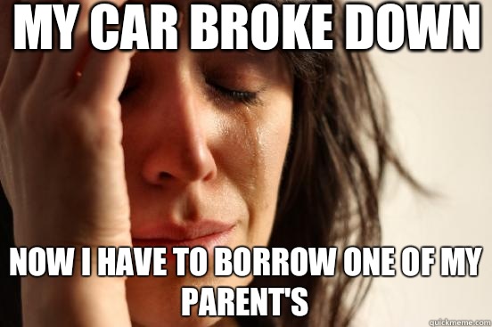 My car broke down Now I have to borrow one of my parent's  First World Problems