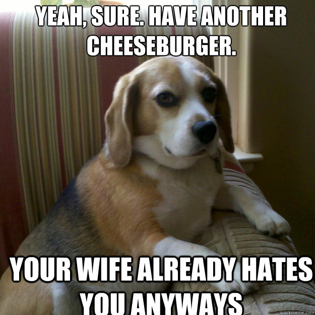 yeah, sure. have another cheeseburger. your wife already hates you anyways - yeah, sure. have another cheeseburger. your wife already hates you anyways  judgmental dog