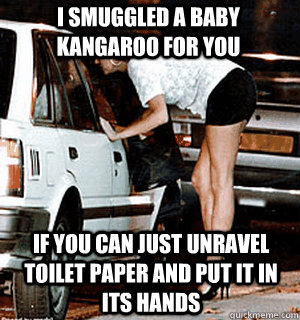 I smuggled a baby kangaroo for you If you can just unravel toilet paper and put it in its hands  Karma Whore