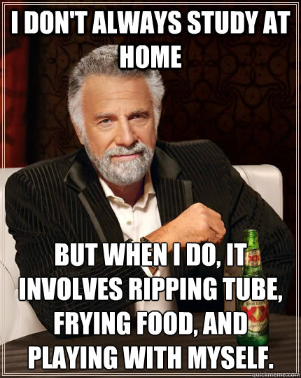 I don't always study at home but when I do, it involves ripping tube, frying food, and playing with myself.  The Most Interesting Man In The World