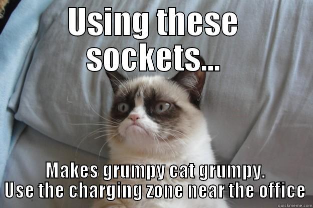 USING THESE SOCKETS... MAKES GRUMPY CAT GRUMPY. USE THE CHARGING ZONE NEAR THE OFFICE Grumpy Cat