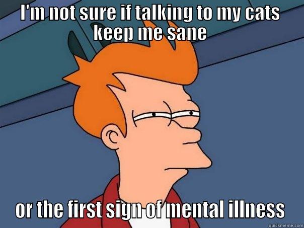 I'M NOT SURE IF TALKING TO MY CATS KEEP ME SANE OR THE FIRST SIGN OF MENTAL ILLNESS Futurama Fry