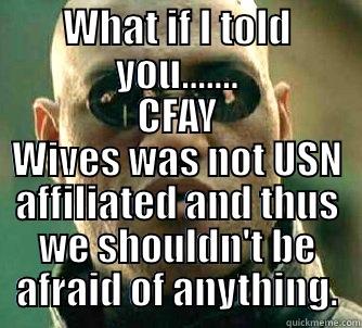 WHAT IF I TOLD YOU....... CFAY WIVES WAS NOT USN AFFILIATED AND THUS WE SHOULDN'T BE AFRAID OF ANYTHING. Matrix Morpheus
