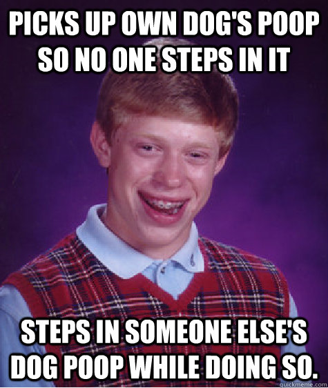 Picks up own dog's poop so no one steps in it Steps in someone else's dog poop while doing so. - Picks up own dog's poop so no one steps in it Steps in someone else's dog poop while doing so.  Bad Luck Brian