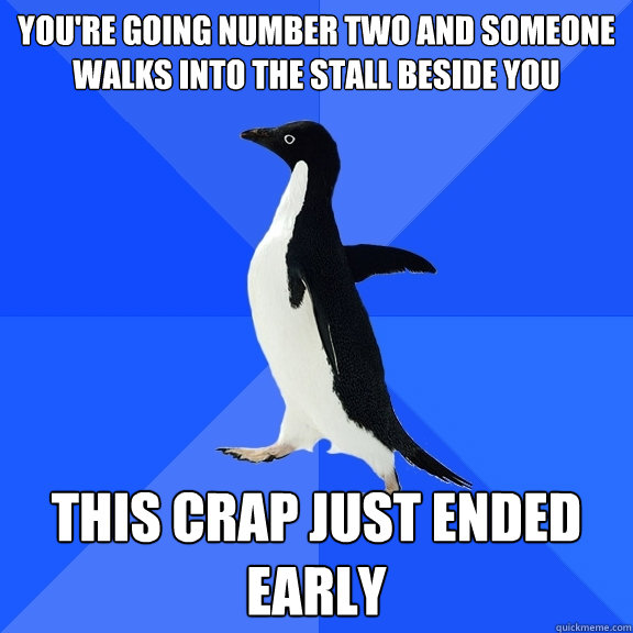 You're going number two and someone walks into the stall beside you This crap just ended early  Socially Awkward Penguin