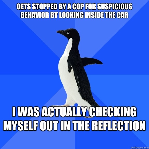 Gets stopped by a cop for suspicious behavior by looking inside the car
 I was actually checking myself out in the reflection   Socially Awkward Penguin