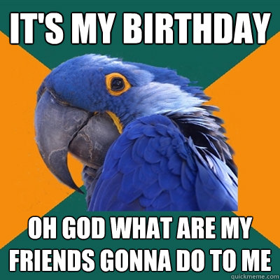 It's my birthday Oh God what are my friends gonna do to me  Paranoid Parrot
