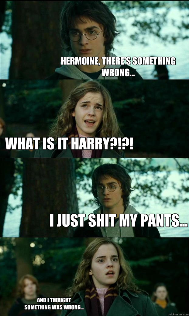 Hermoine, there's something wrong... What is it Harry?!?! I just shit my pants... And I thought something was wrong...  Horny Harry