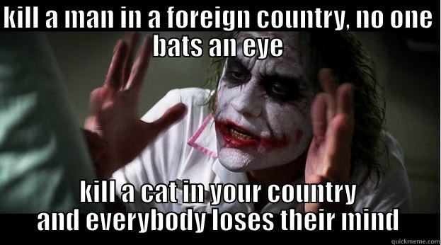 KILL A MAN IN A FOREIGN COUNTRY, NO ONE BATS AN EYE KILL A CAT IN YOUR COUNTRY AND EVERYBODY LOSES THEIR MIND Joker Mind Loss