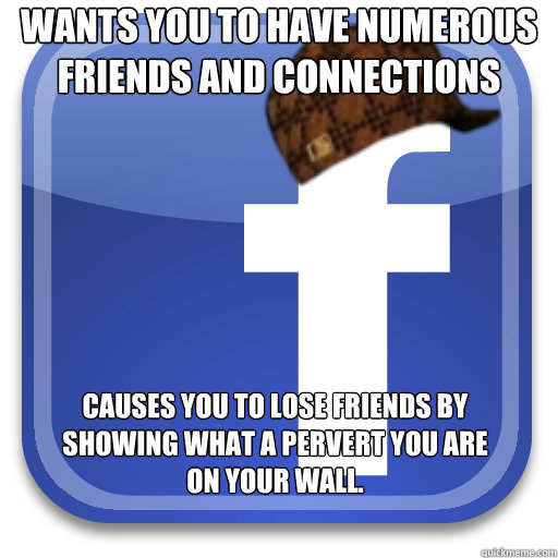 Wants you to have numerous friends and connections Causes you to lose friends by showing what a pervert you are on your wall.  Scumbag Facebook