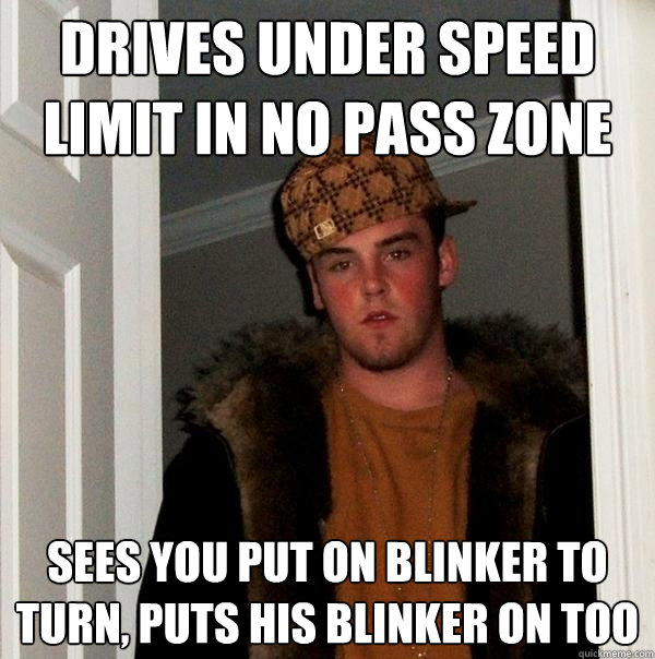Drives under speed limit in no pass zone sees you put on blinker to turn, puts his blinker on too  Scumbag Steve