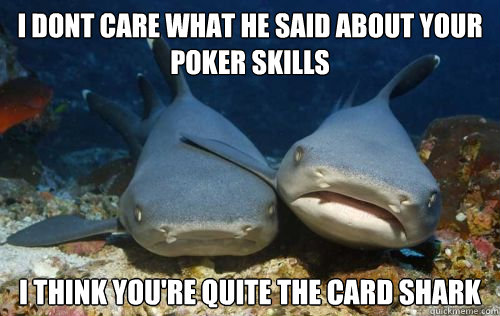 i dont care what he said about your poker skills i think you're quite the card shark - i dont care what he said about your poker skills i think you're quite the card shark  Compassionate Shark Friend