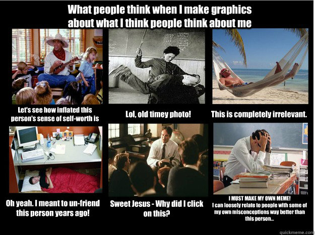 What people think when I make graphics about what I think people think about me Let's see how inflated this person's sense of self-worth is Lol, old timey photo! This is completely irrelevant. Oh yeah. I meant to un-friend this person years ago! Sweet Jes - What people think when I make graphics about what I think people think about me Let's see how inflated this person's sense of self-worth is Lol, old timey photo! This is completely irrelevant. Oh yeah. I meant to un-friend this person years ago! Sweet Jes  What People Think I Do