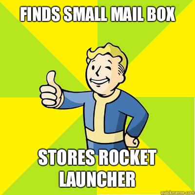 Finds small mail box Stores rocket launcher  Fallout new vegas
