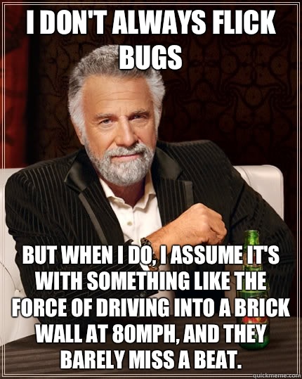 I don't always flick bugs But when I do, I assume it's with something like the force of driving into a brick wall at 80mph, and they barely miss a beat.  The Most Interesting Man In The World