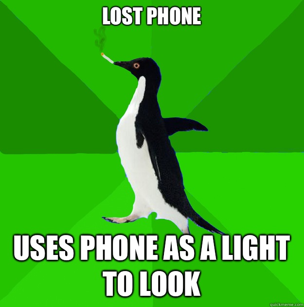 Lost phone Uses phone as a light to look  Stoner Penguin