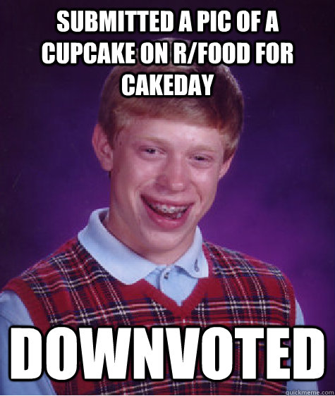 submitted a pic of a cupcake on r/food for cakeday Downvoted  Bad Luck Brian
